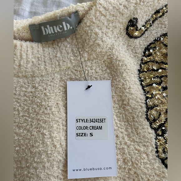 NWT Blue B. Lazy Cat Sequin Tiger Loungewear Set in Color Cream Sz S - Picture 5 of 7